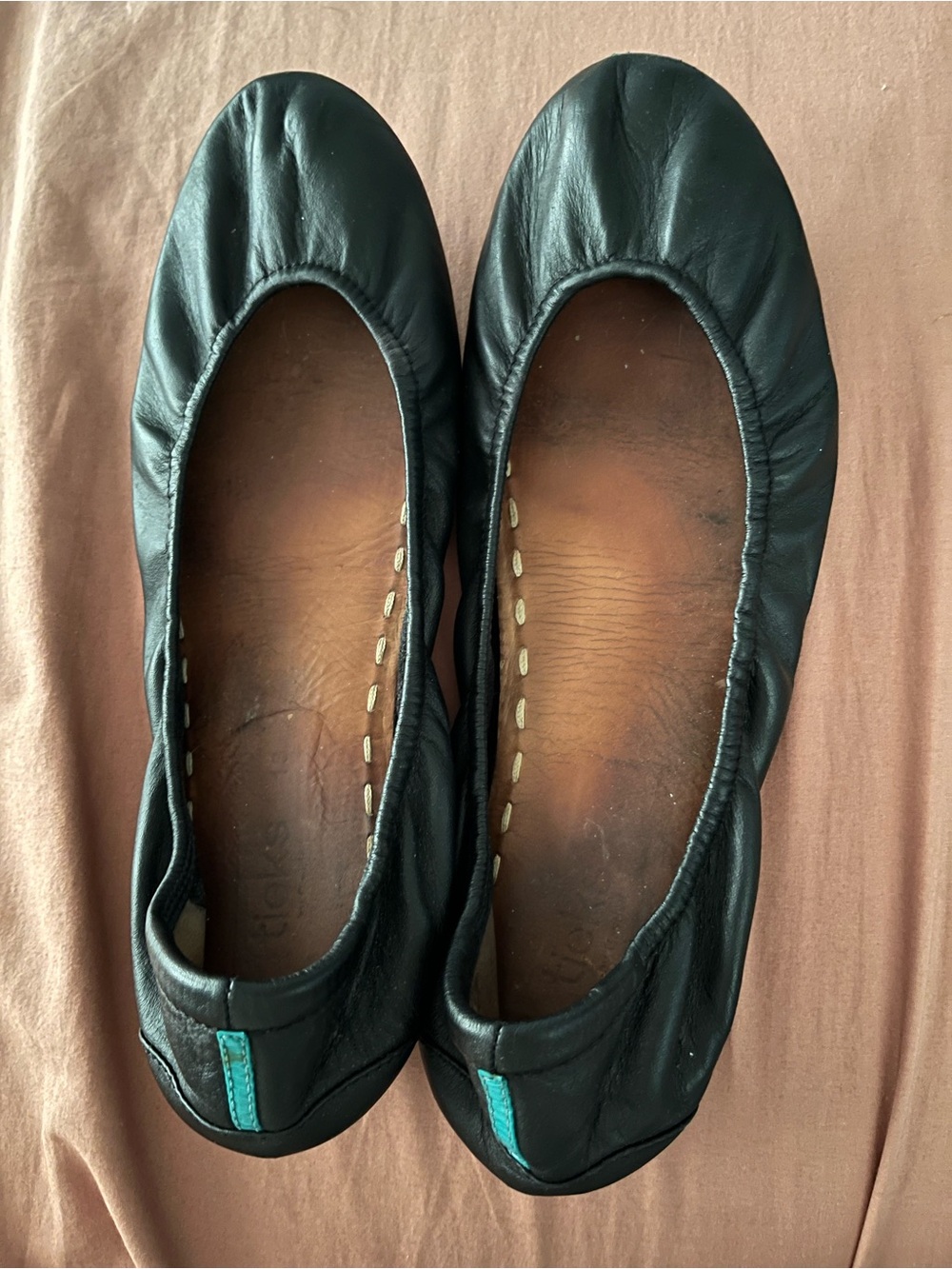 Tieks Black Leather Ballet Flats with Teal Heel Tab